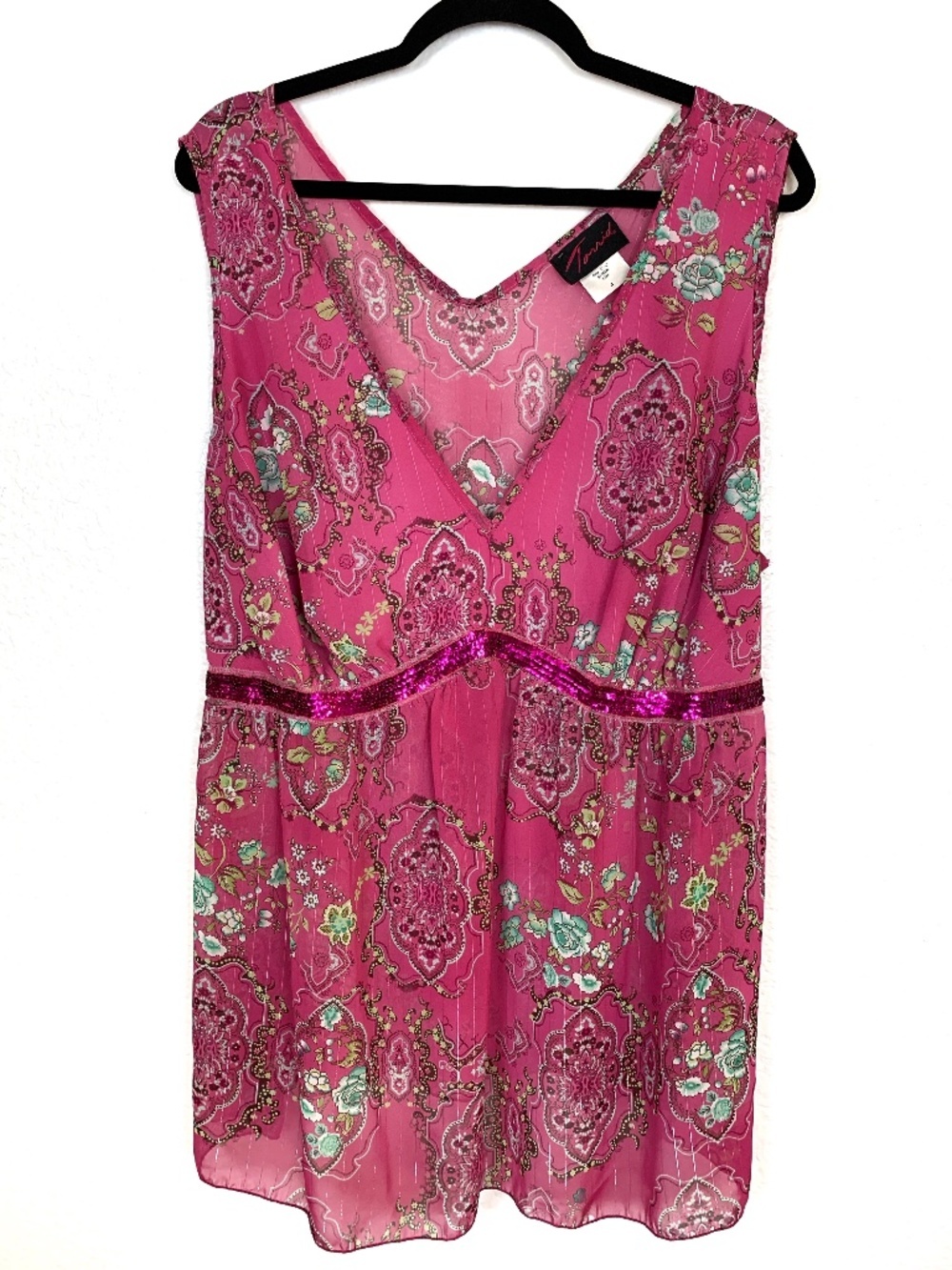 Torrid Sleeveless Blouse Womens 4X Pink‎ Floral Babydoll Sequins Boho Fairy
